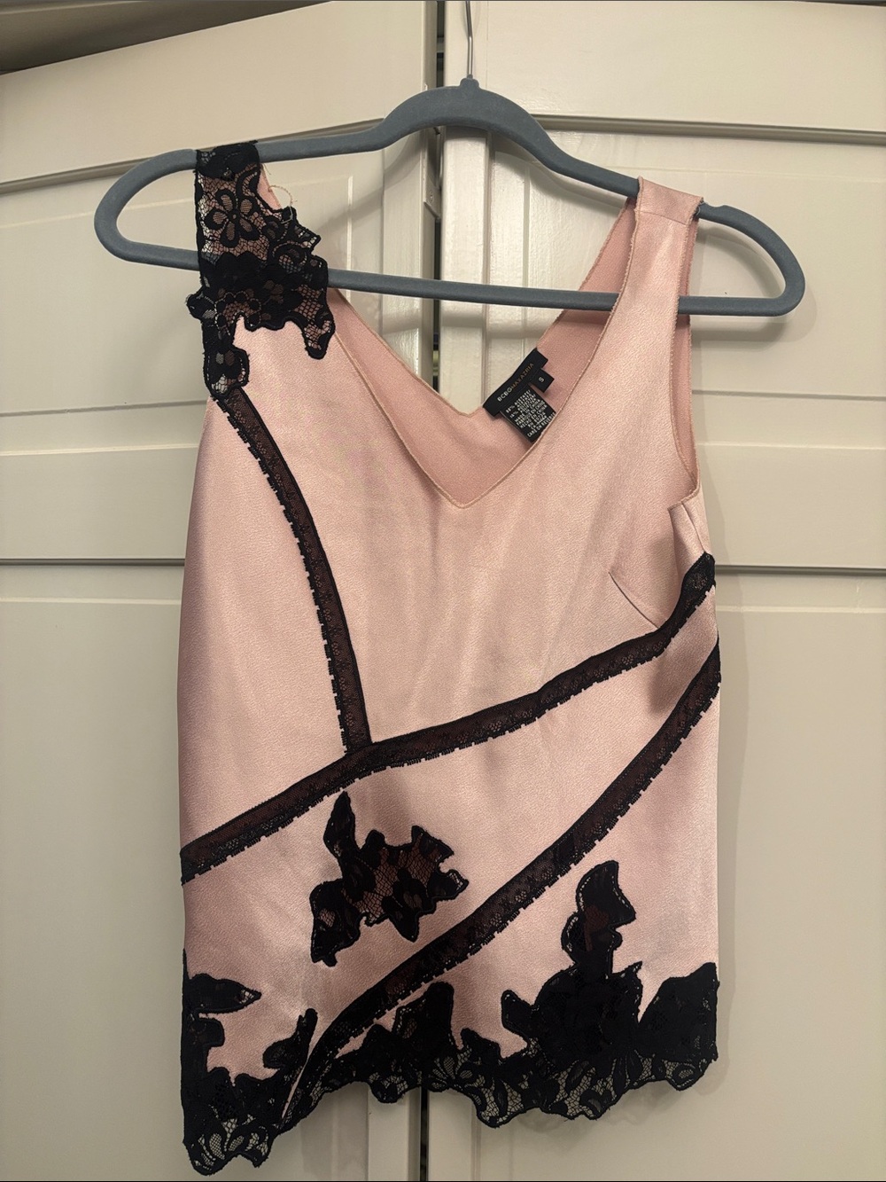BCBGMaxAzria blush Satin Tank with Black Lace Trim